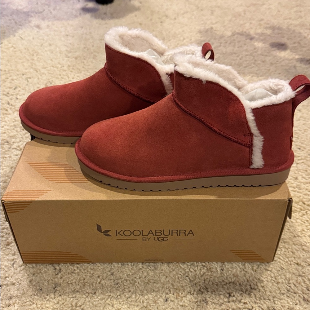 Koolaburra Red Suede Ankle Boots with White Fur Trim